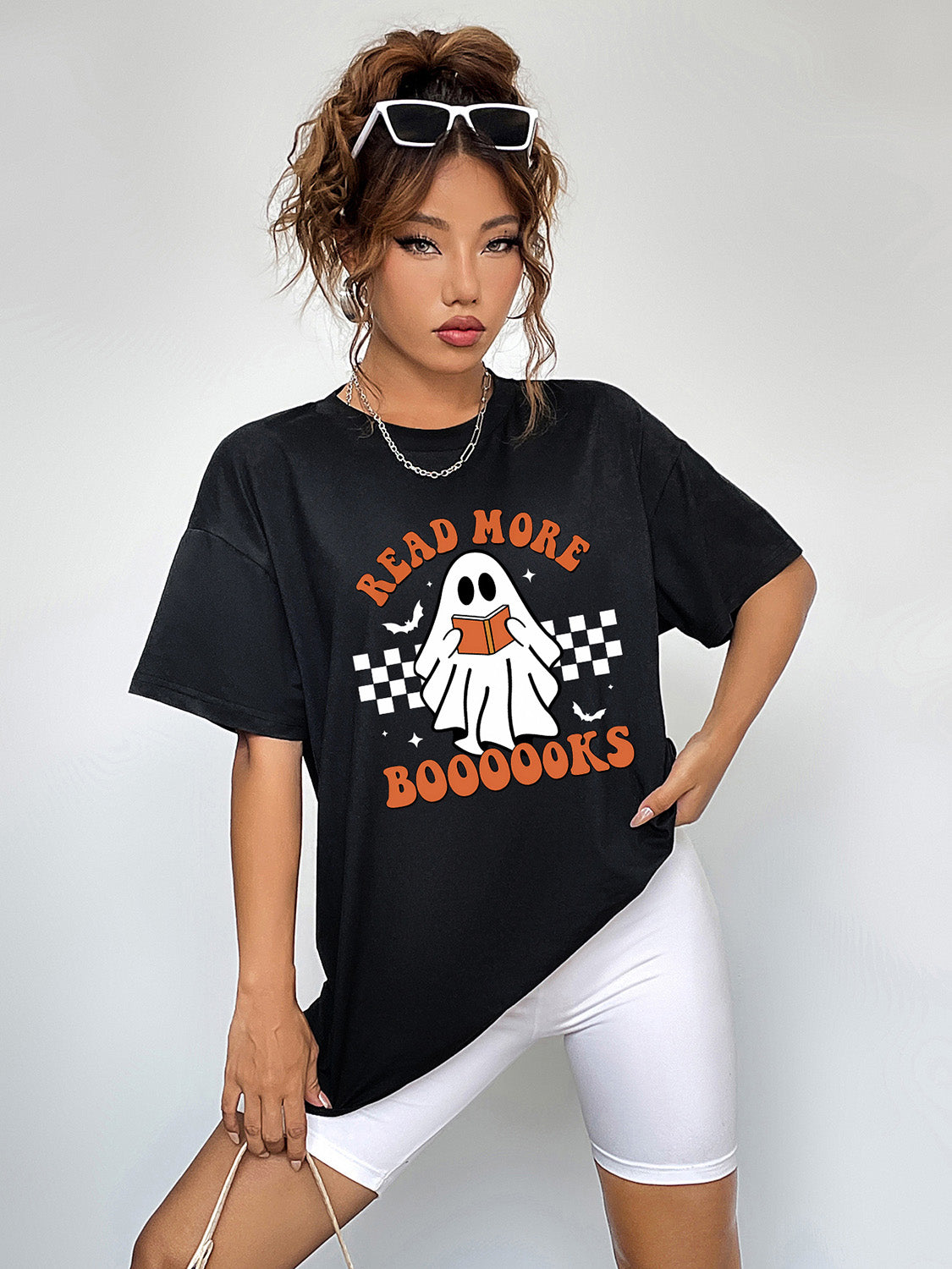 Round Neck Short Sleeve Ghost Graphic T-Shirt - MyriadMart