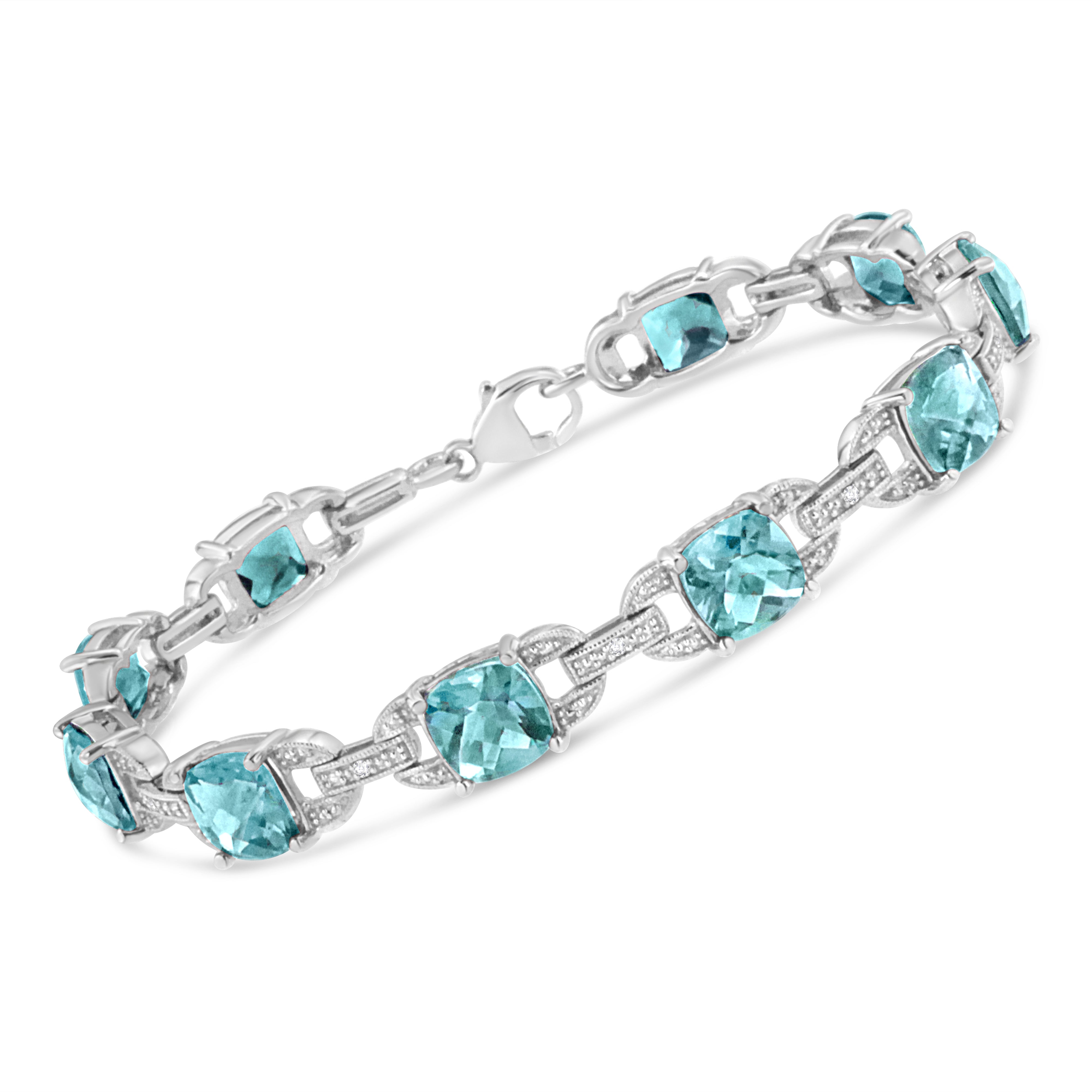 .925 Sterling Silver 7x7 mm Cushion Cut Blue Topaz and 1/20 cttw Round Cut Diamond Fashion Tennis Bracelet I-J Color, I1-I2 Clarity - 7" on sale at MyriadMart
