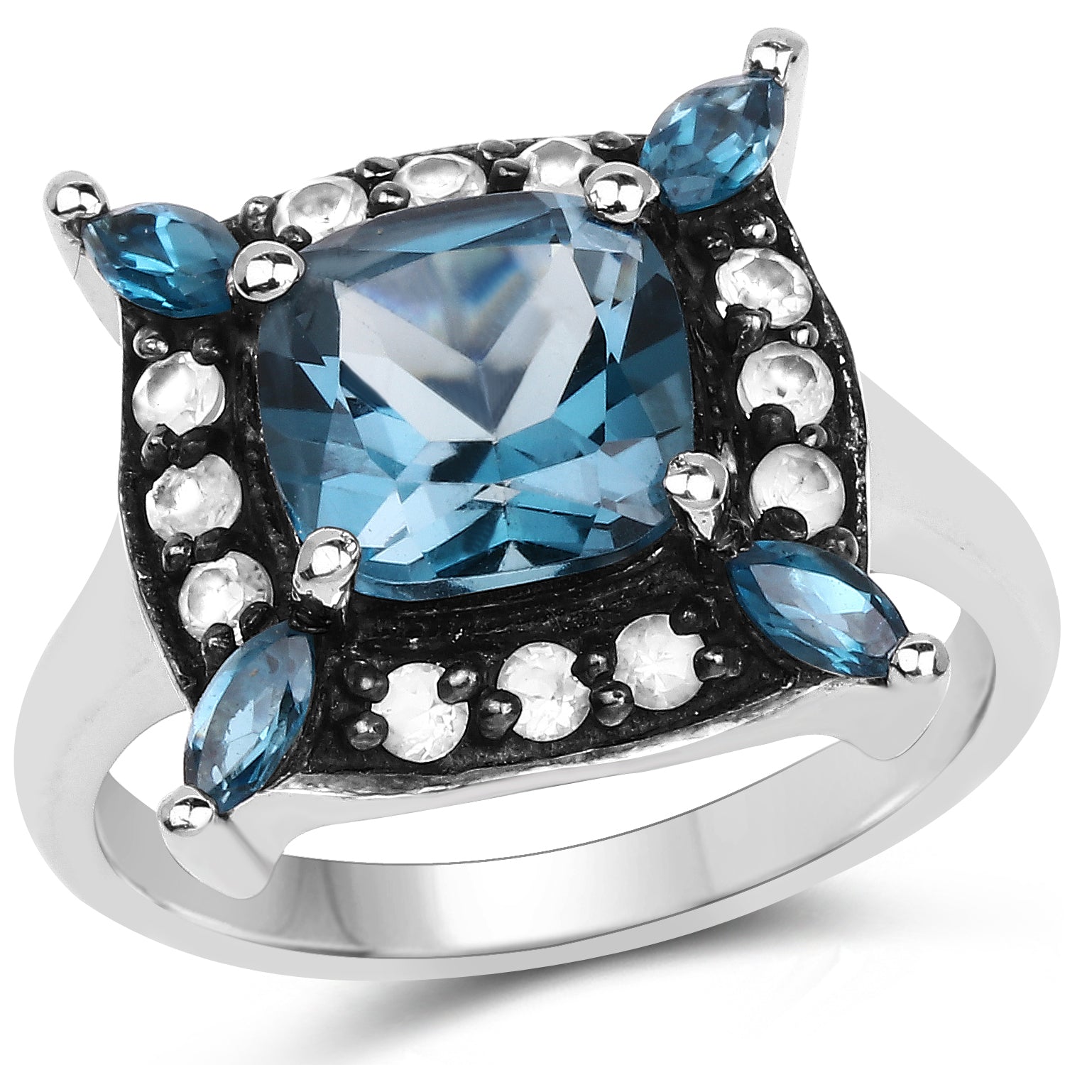 3.24 Carat Genuine London Blue Topaz and White Topaz .925 Sterling Silver Ring on sale at MyriadMart