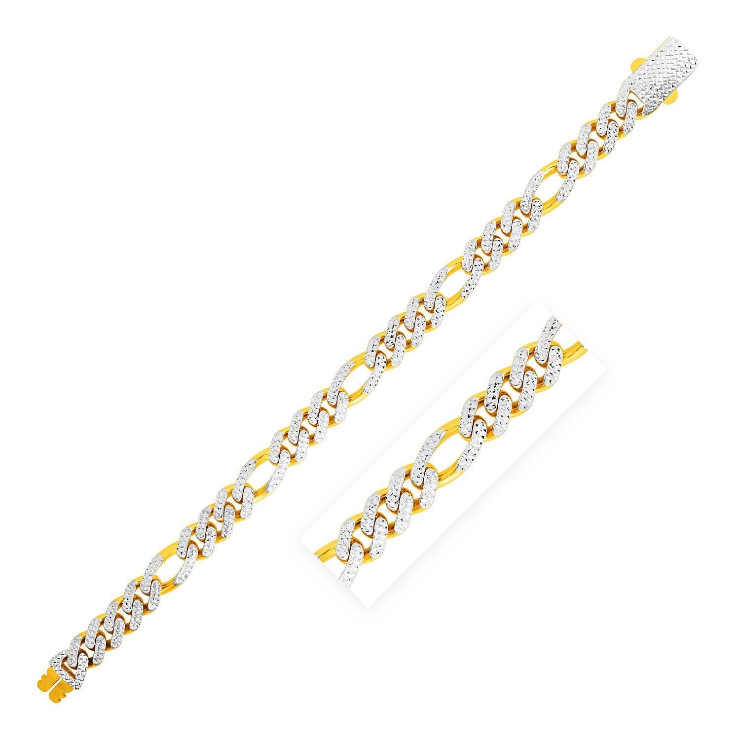 14k Yellow Gold White Pave High Polish Modern Lite Figaro Bracelet 9.5mm on sale at MyriadMart