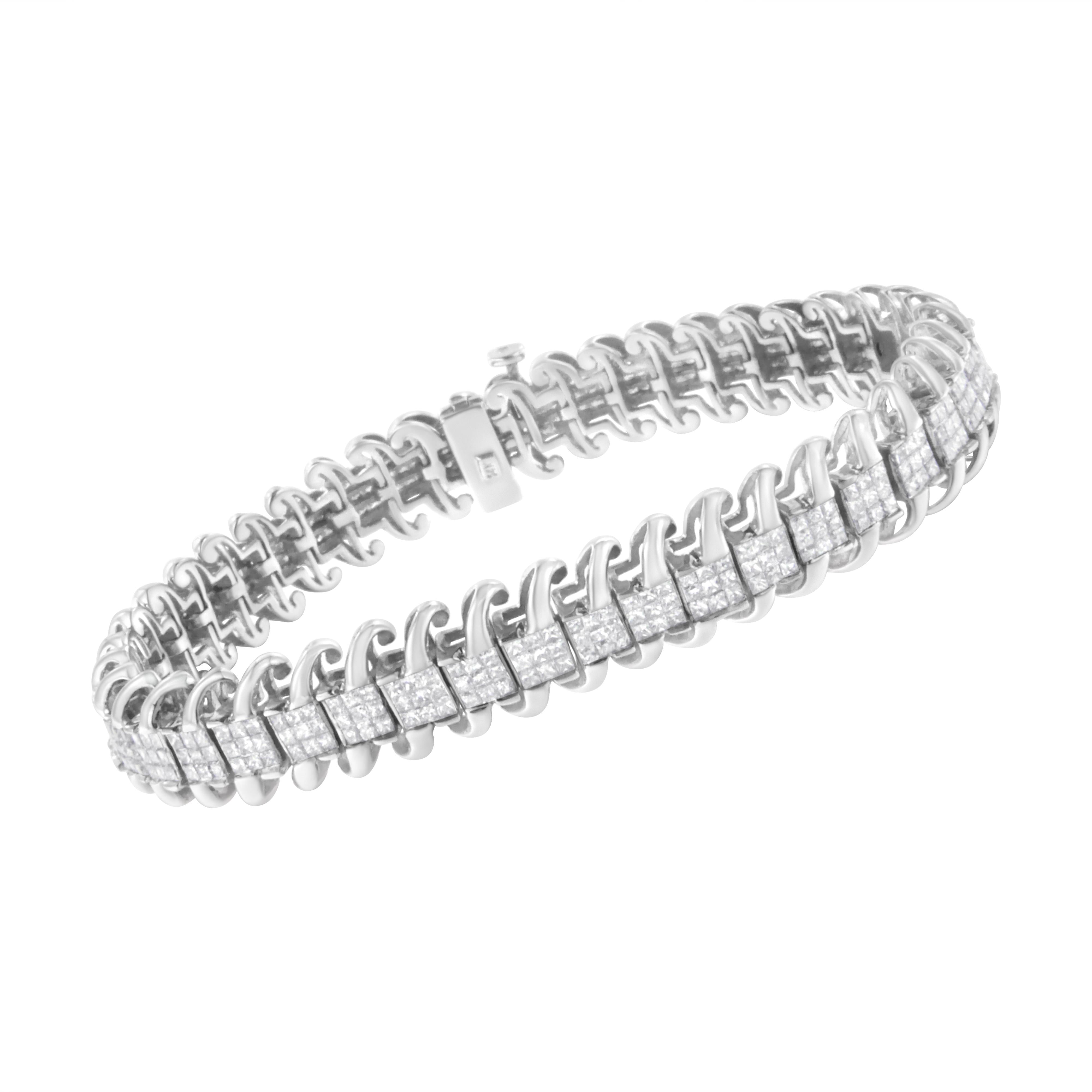 14K White Gold 5.0 Cttw Princess Cut Diamond 7" Invisible Set Wavy S-Link Tennis Bracelet G-H Color, SI1-SI2 Clarity on sale at MyriadMart