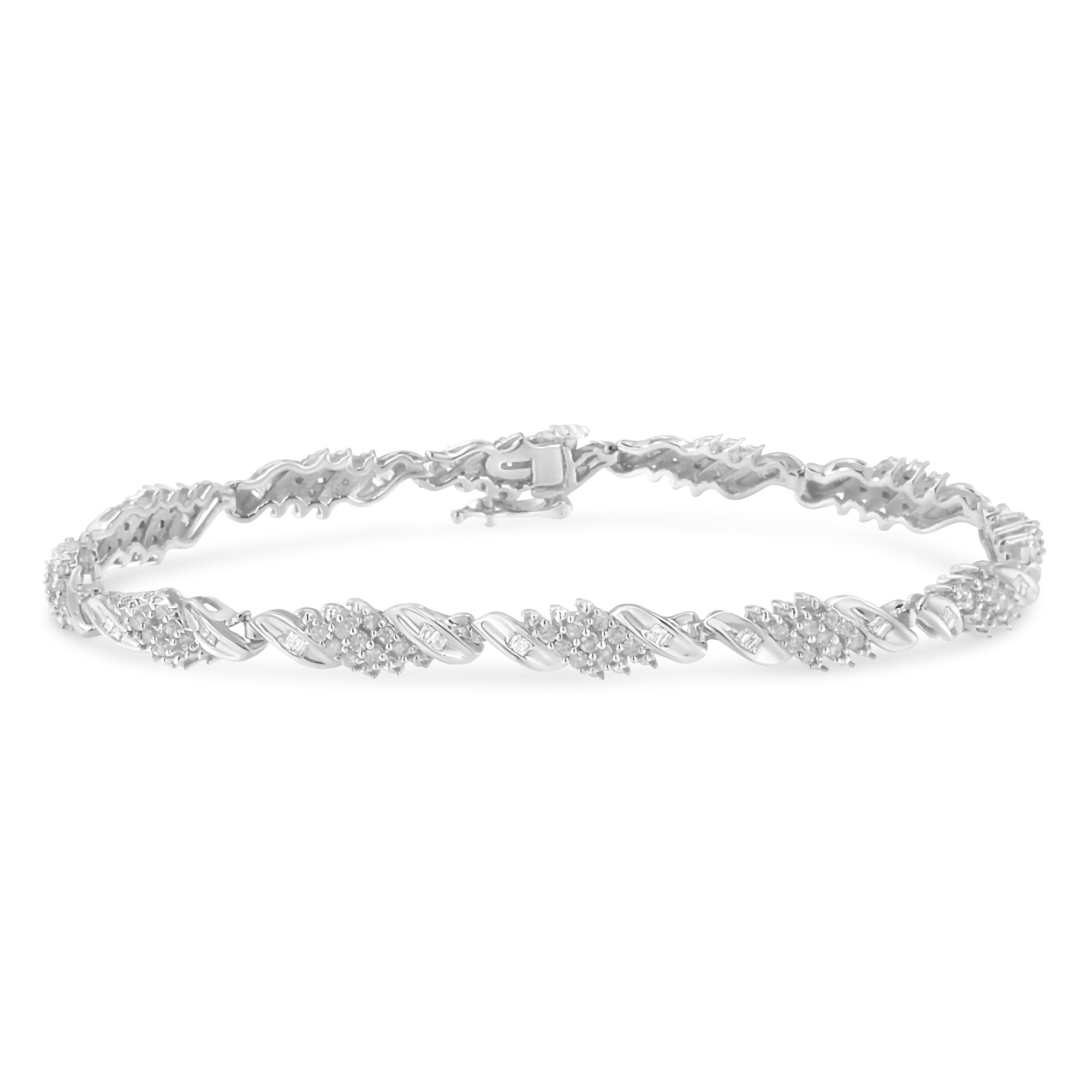 .925 Sterling Silver 1-1/2 Cttw Round and Baguette Cut Diamond Wave Link Bracelet I-J Color, I2-I3 Clarity - 7" on sale at MyriadMart