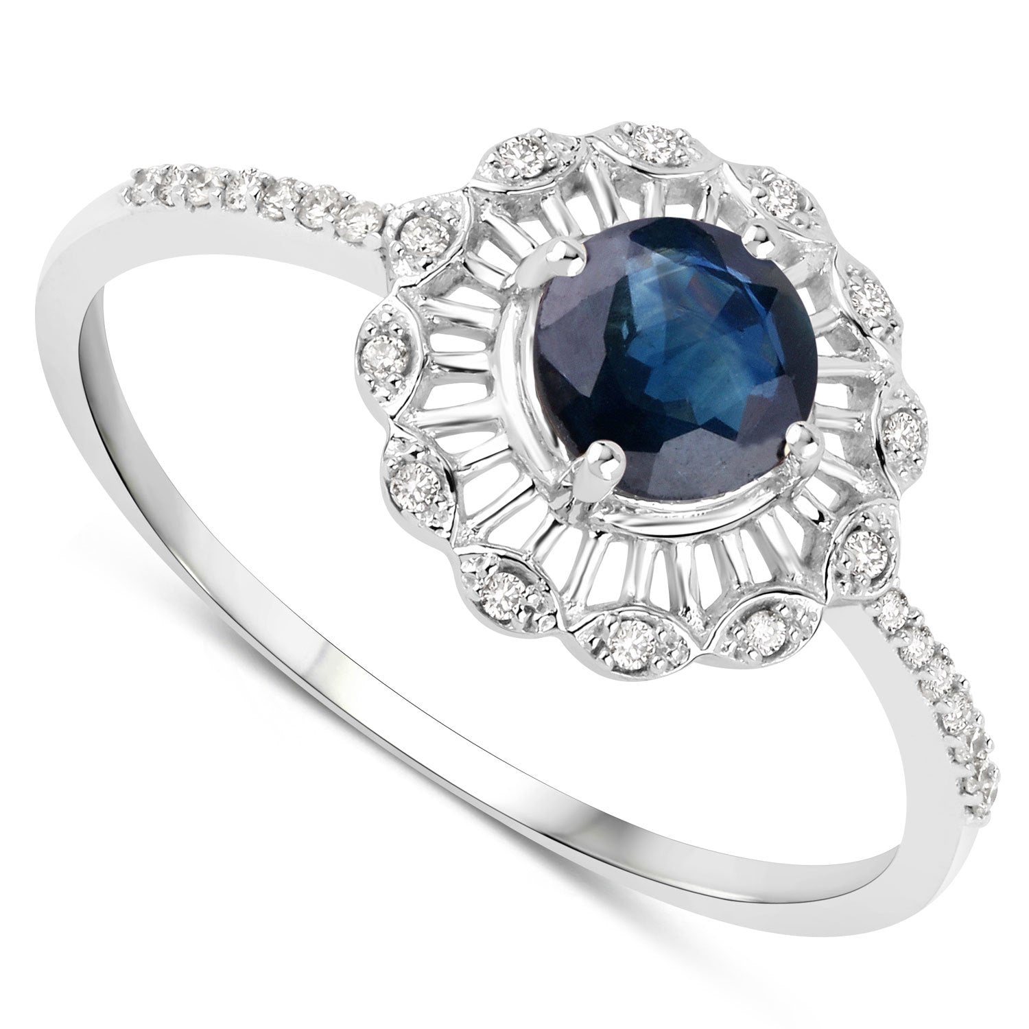 0.72 Carat Genuine Blue Sapphire and White Diamond 14K White Gold Ring on sale at MyriadMart