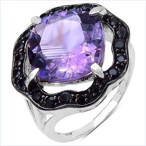 6.09 Carat Genuine Amethyst & Black Spinel .925 Sterling Silver Ring on sale at MyriadMart