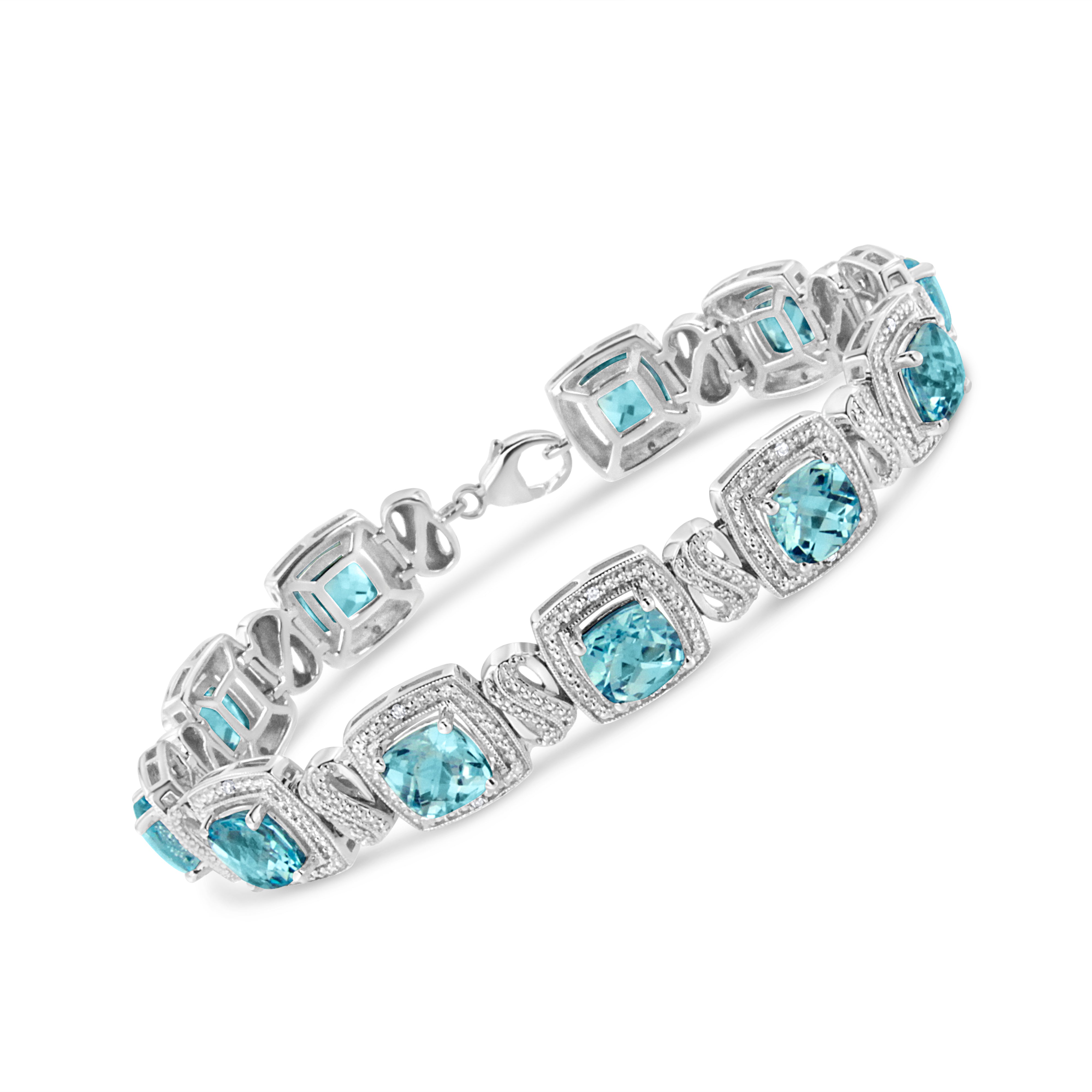 .925 Sterling Silver 7x7 mm Cushion Cut Blue Topaz and 1/10 Ctw Single Cut Diamond Square Shape Tennis Bracelet I-J Color, I1-I2 Clarity - 7" on sale at MyriadMart