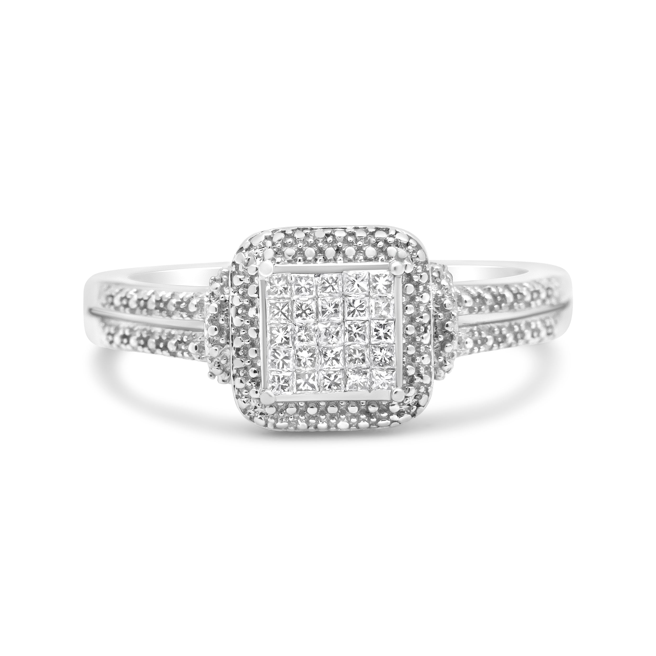 .925 Sterling Silver 1/4 Cttw Princess-cut Diamond Composite Ring with Beaded Halo H-I Color, SI1-SI2 Clarity - Size 7 on sale at MyriadMart