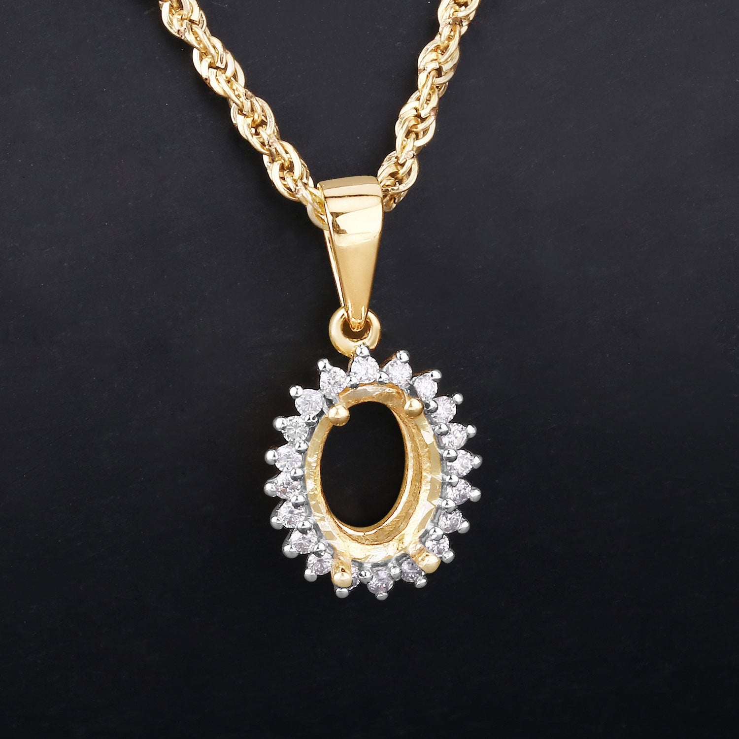 0.13 Carat Genuine White Diamond 14K Yellow Gold Semi Mount Pendant - holds 8x6mm Oval Gemstone on sale at MyriadMart