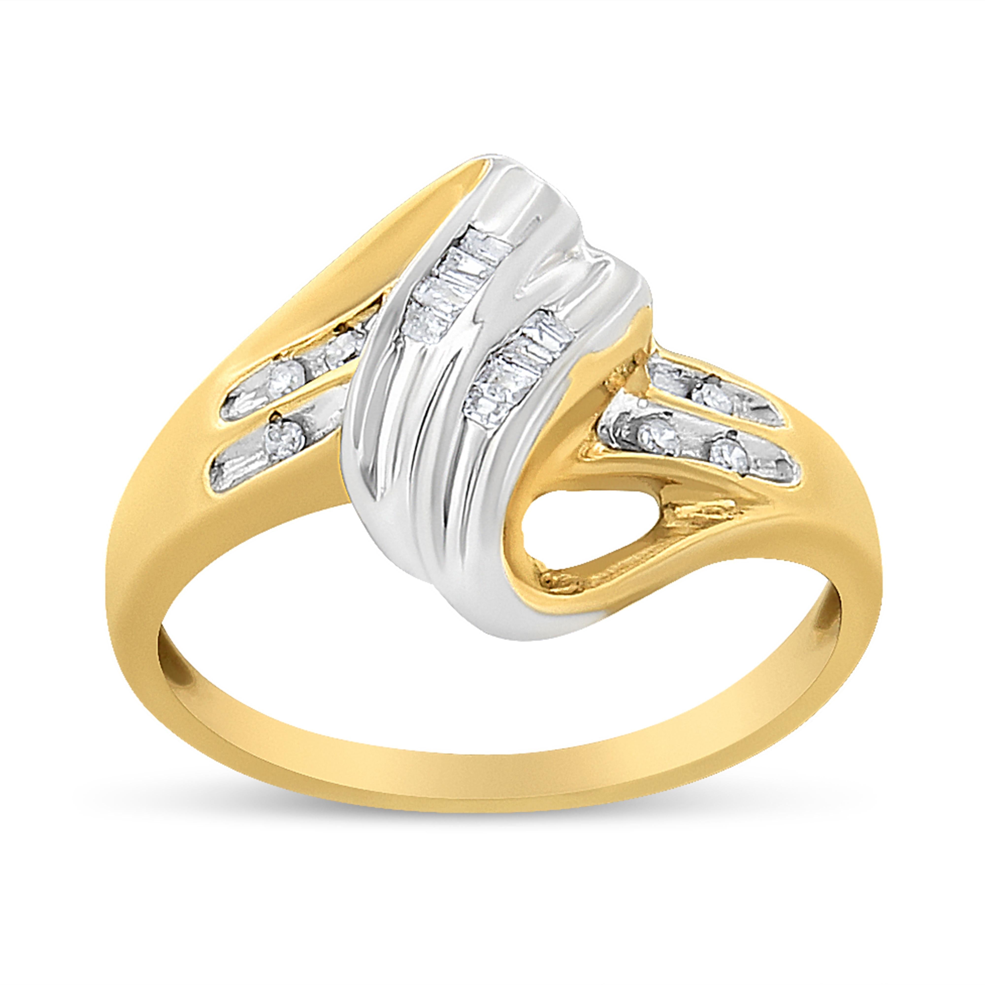 10K Yellow and White Gold 1/10 Cttw Baguette and Round-Cut Diamond Bypass Ring I2 Color, H-I Clarity - Size 7 on sale at MyriadMart