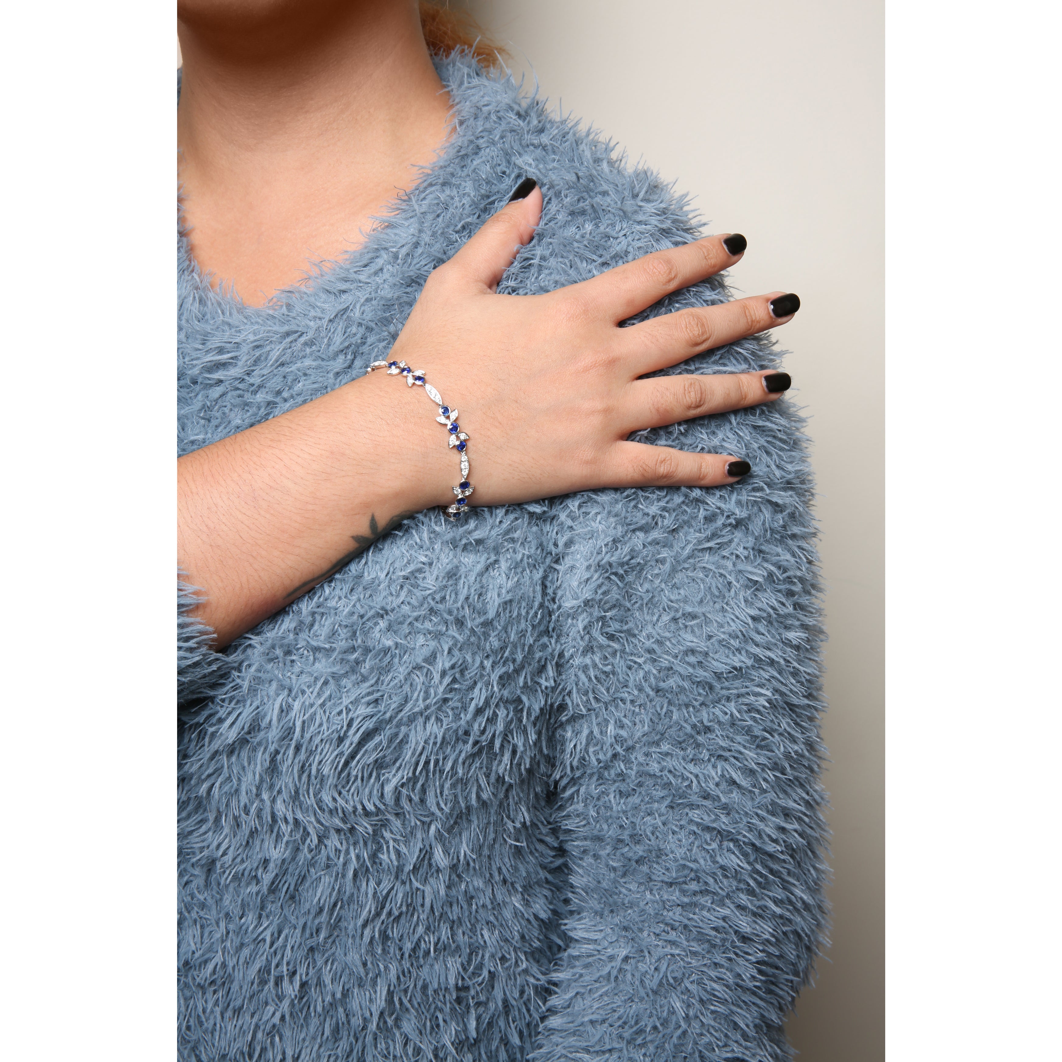 18K White Gold 1 3/4 Cttw Diamond and 3x3mm Round Blue Sapphire Gemstone Floral Link Bracelet G-H Color, SI1-SI2 Clarity - Size 7" on sale at MyriadMart