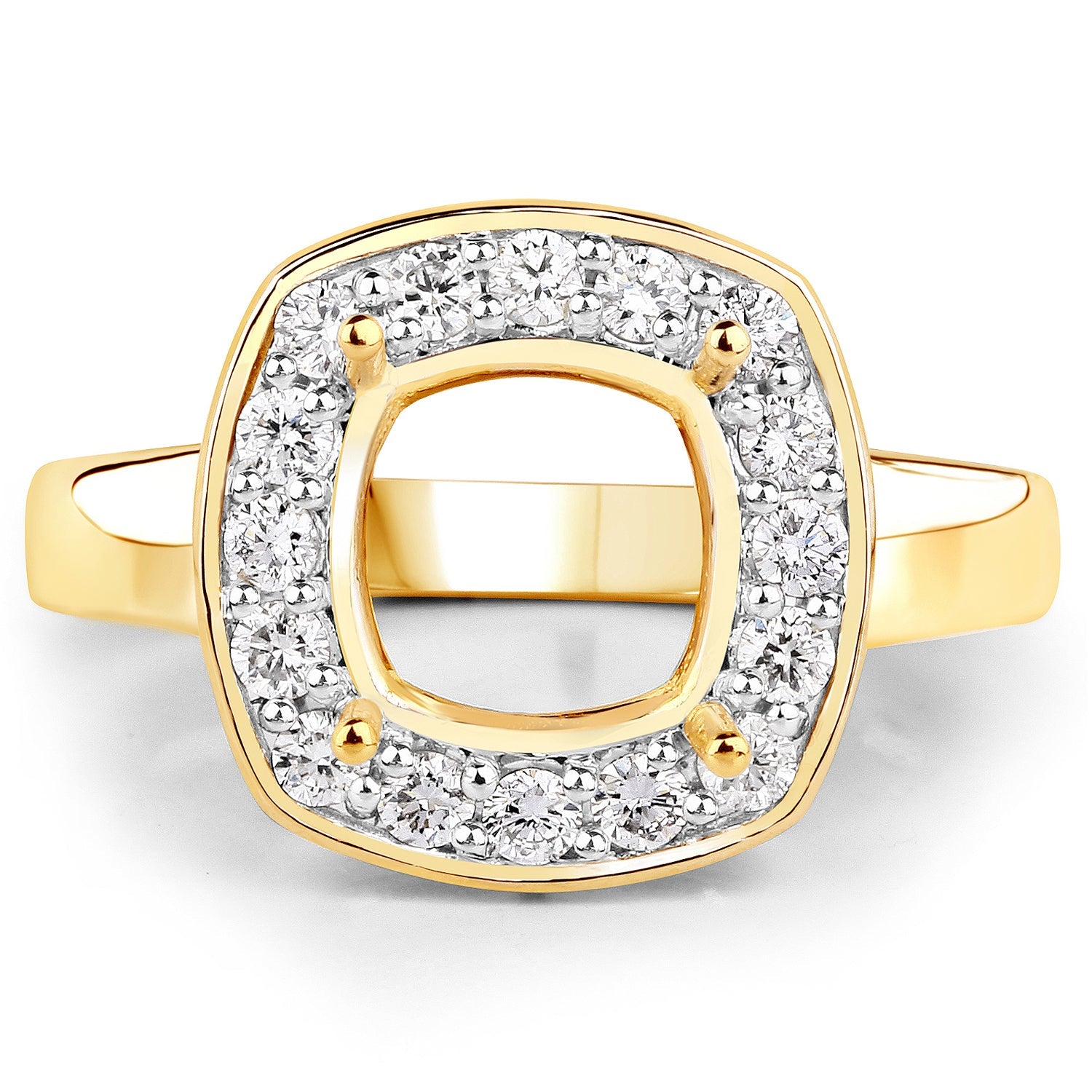 0.48 Carat Genuine White Diamond 14K Yellow Gold Semi Mount Ring - holds 8x8mm Cushion Gemstone on sale at MyriadMart