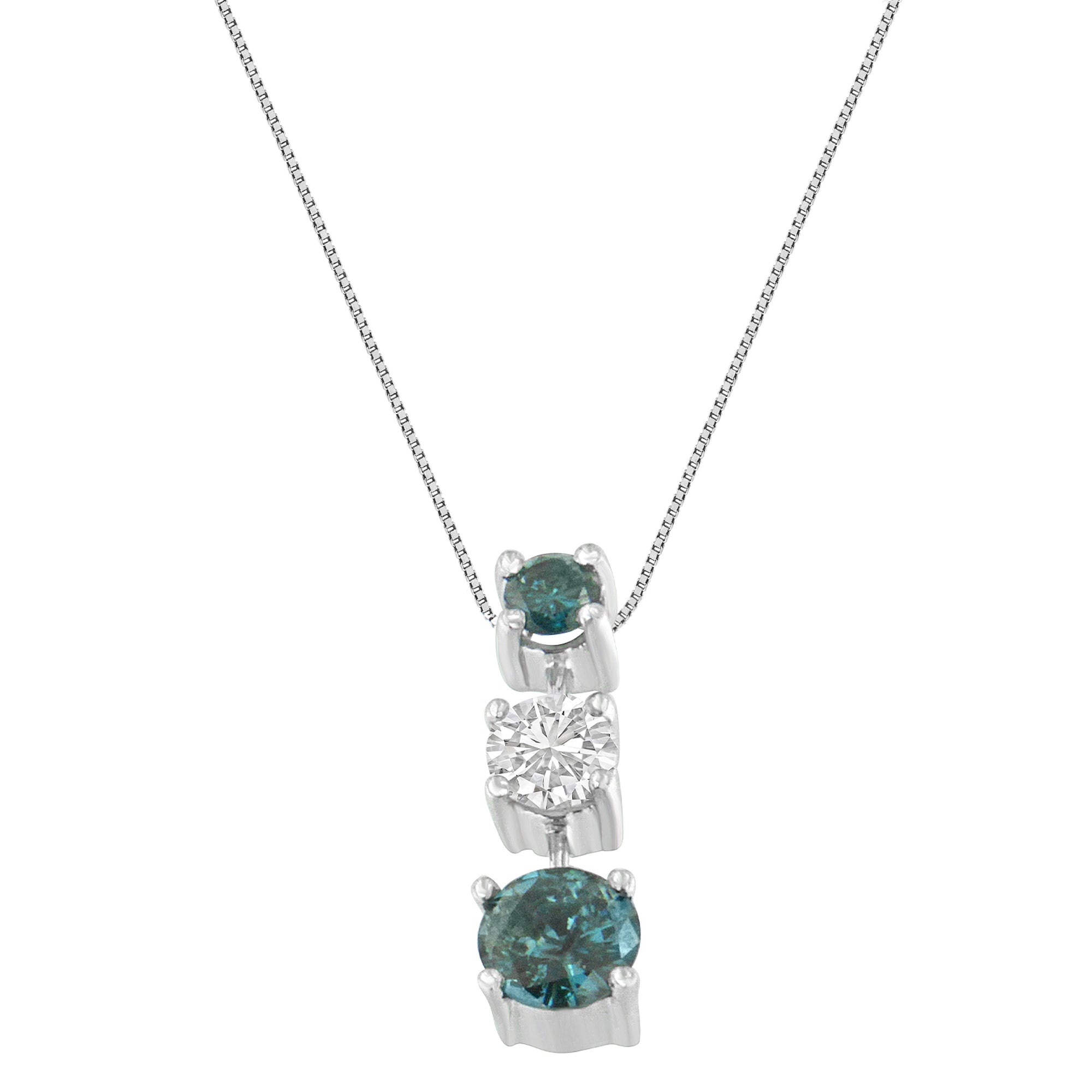 14K White Gold 1 1/2 Cttw Treated Blue and White Diamond 3-Stone 18" Pendant Necklace Blue/H-I Color, I1-I2 Clarity on sale at MyriadMart