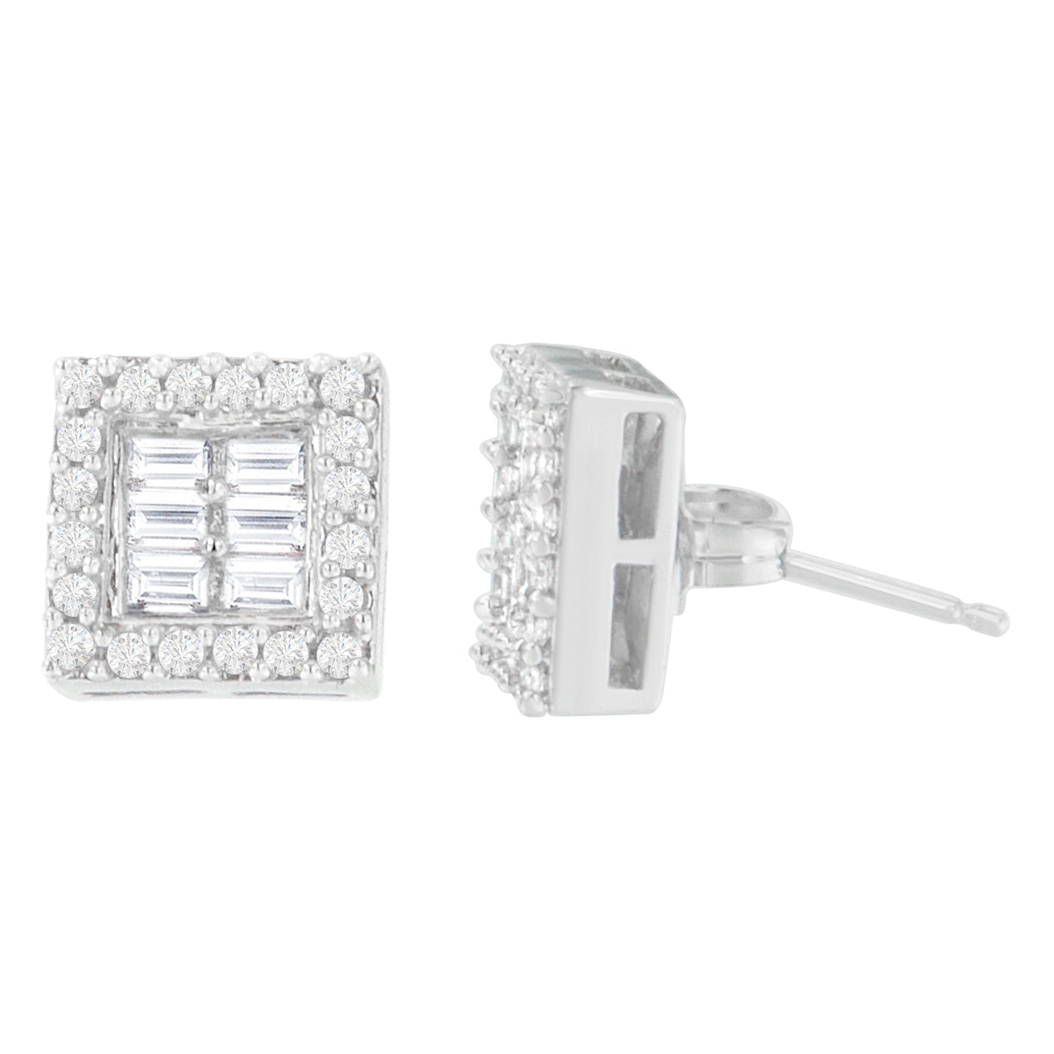 14K White Gold 1 cttw Round and Baguette Diamond Stud Earrings H-I, SI1-SI2 on sale at MyriadMart