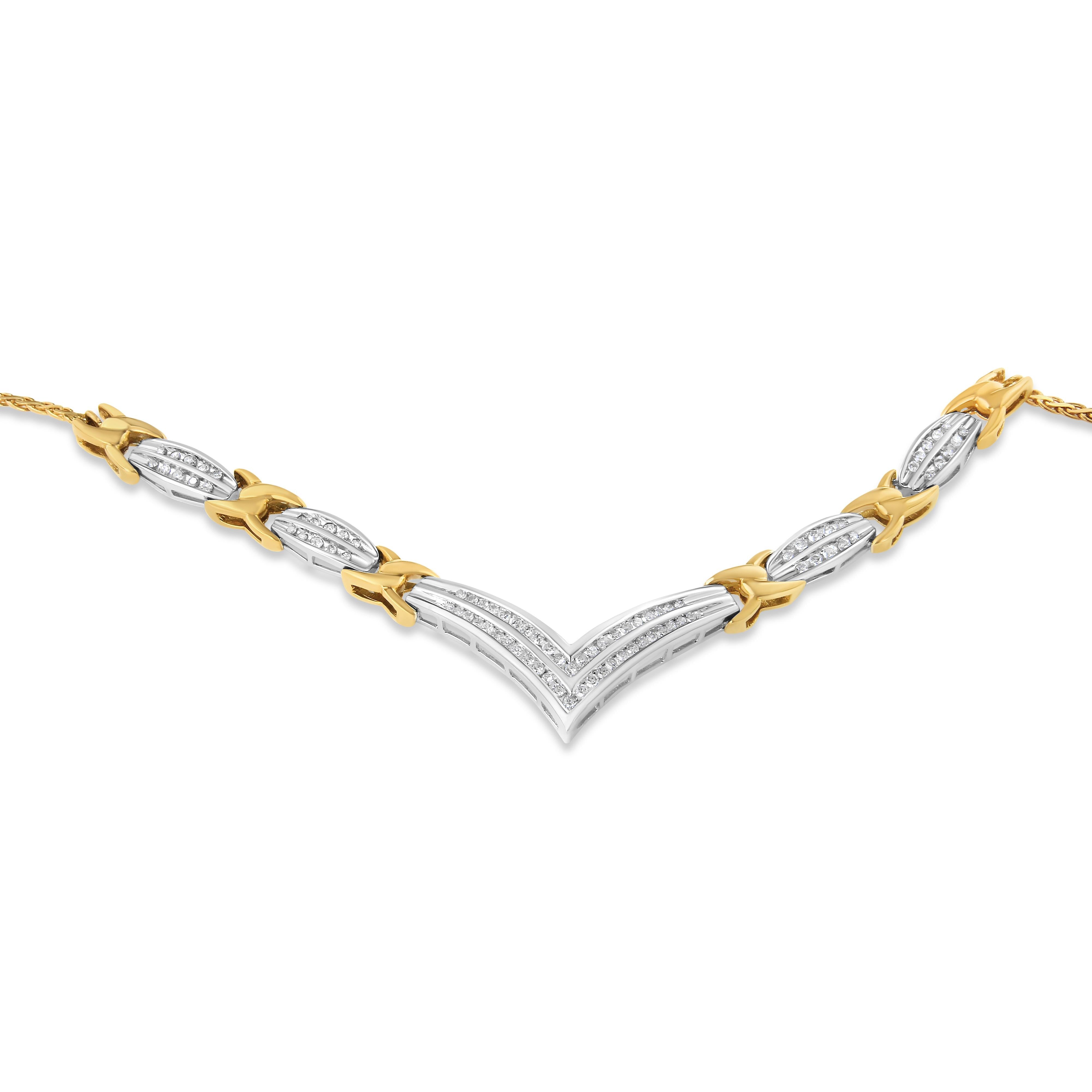 10K Yellow and White Gold 1.0 Cttw Round and Princess cut Diamond "V" Shape Statement Necklace I-J Color, I1-I2 Clarity on sale at MyriadMart