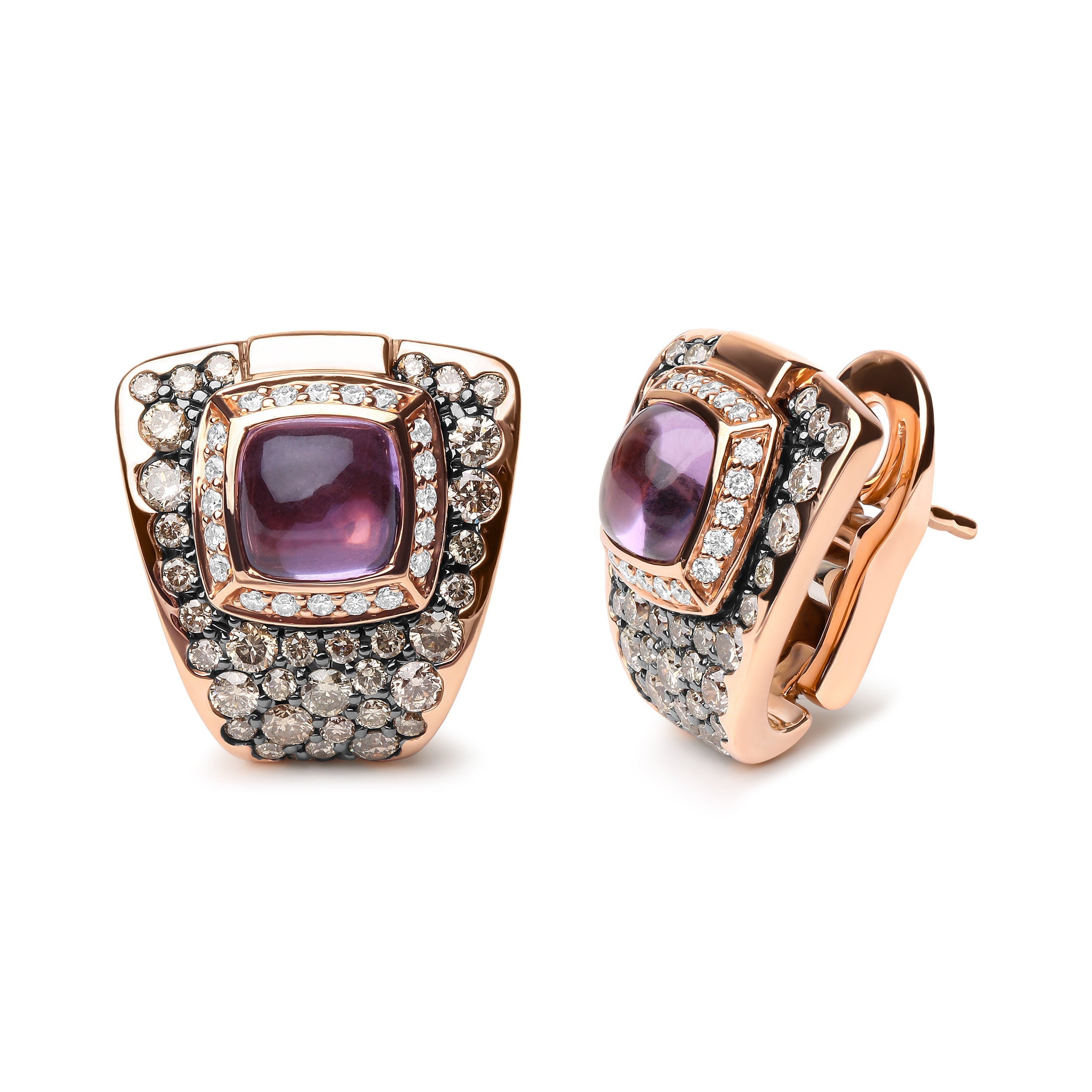 18K Rose Gold 1 1/2 Cttw Round Diamond and 7mm Cushion Cut Purple Amethyst Gemstone Geometrical Statement Stud Earrings Brown and G-H Color, SI1-SI2 Clarity on sale at MyriadMart