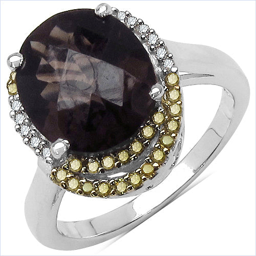 4.12 Carat Genuine Smoky Quartz and 0.28 ct.t.w Genuine Diamond Accents Sterling Silver Ring on sale at MyriadMart