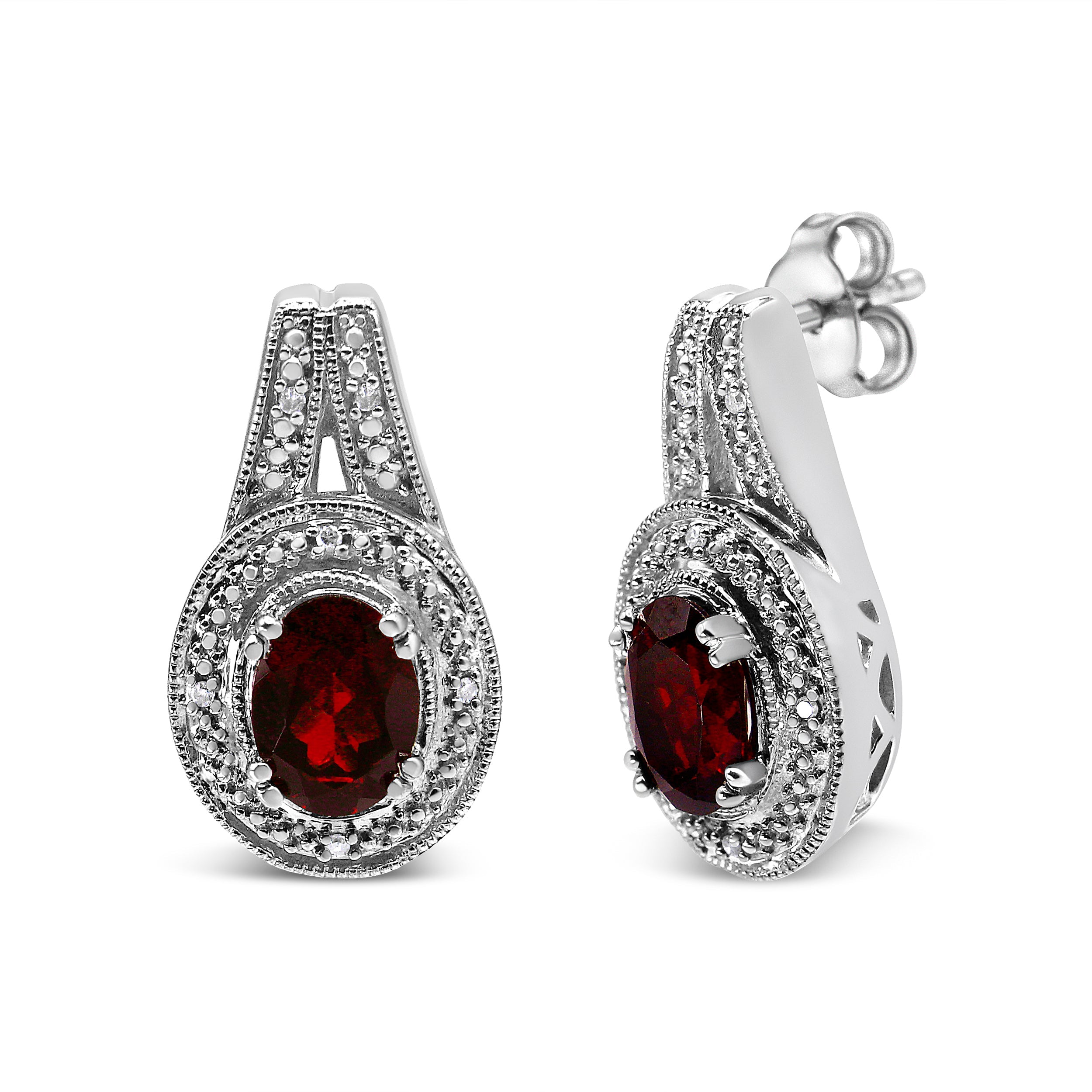 .925 Sterling Silver Diamond Accent and 8x6mm Red Oval Garnet Stud Earrings I-J Color, I1-I2 Clarity on sale at MyriadMart