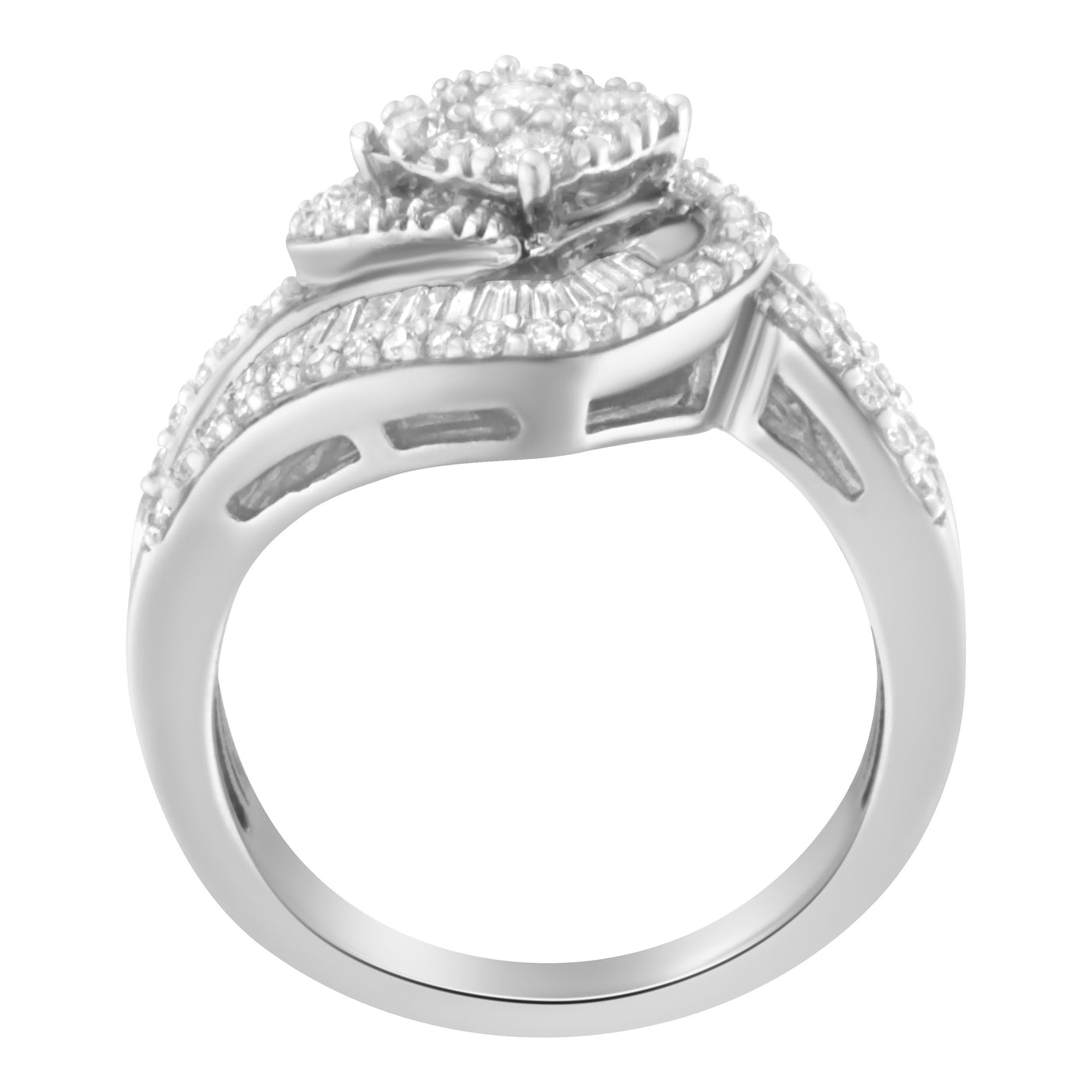 14K White Gold 1 Cttw Baguette and Round Diamond Floral Swirl Cluster Cocktail Ring on sale at MyriadMart