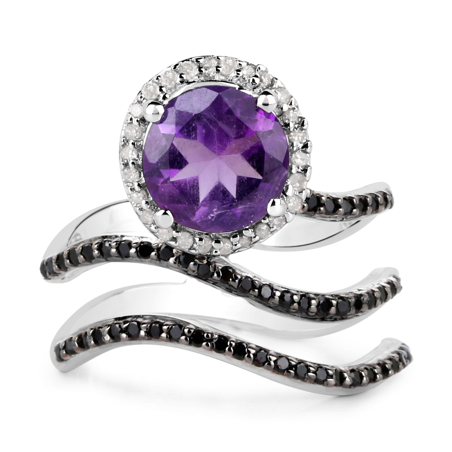 2.31 Carat Genuine Amethyst, Black Spinel and White Diamond .925 Sterling Silver Ring on sale at MyriadMart