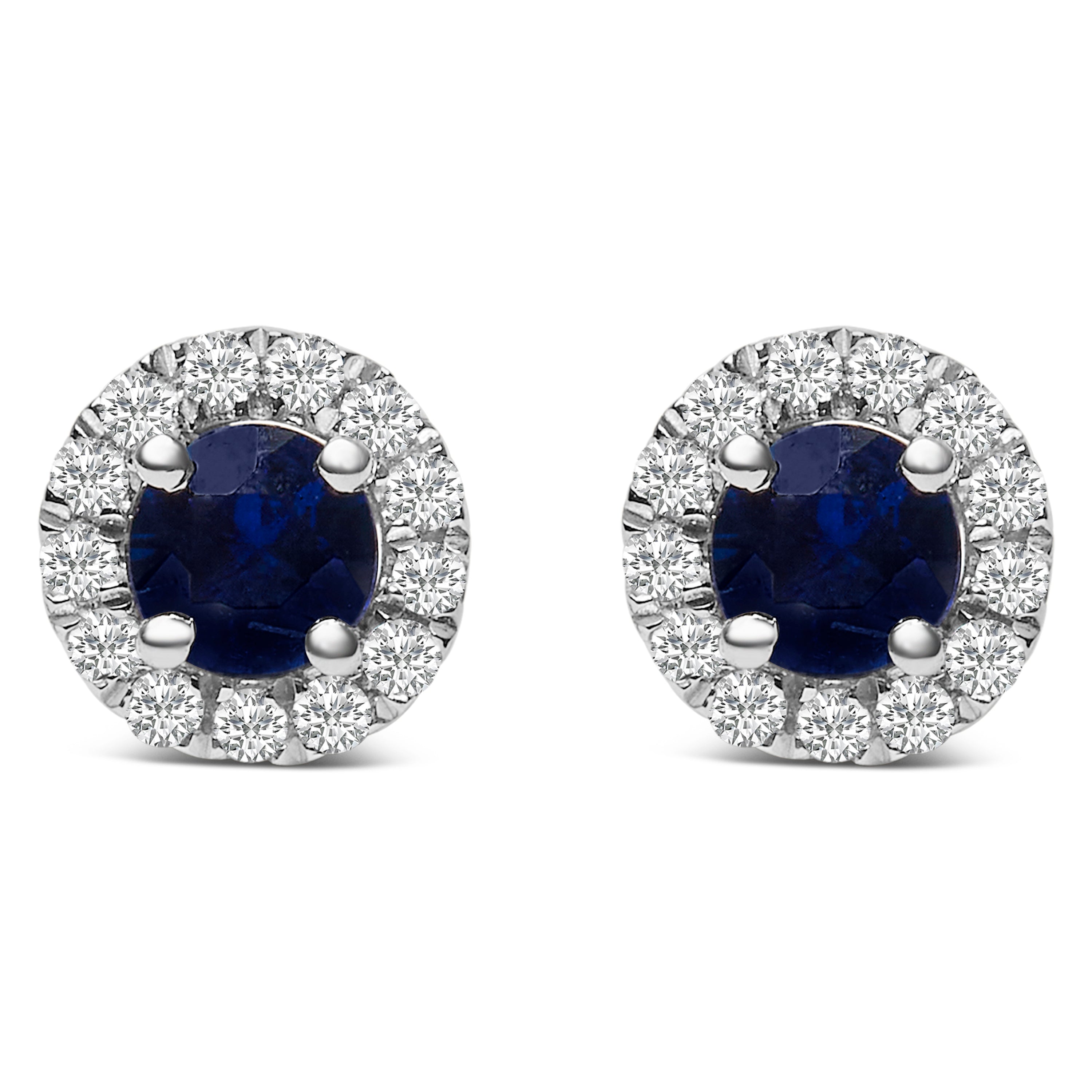10K White Gold 3.25mm x 3.25mm Round Blue Sapphire and 1/10 Cttw Diamond Halo Stud Earrings I-J Color, I1-I2 Clarity on sale at MyriadMart
