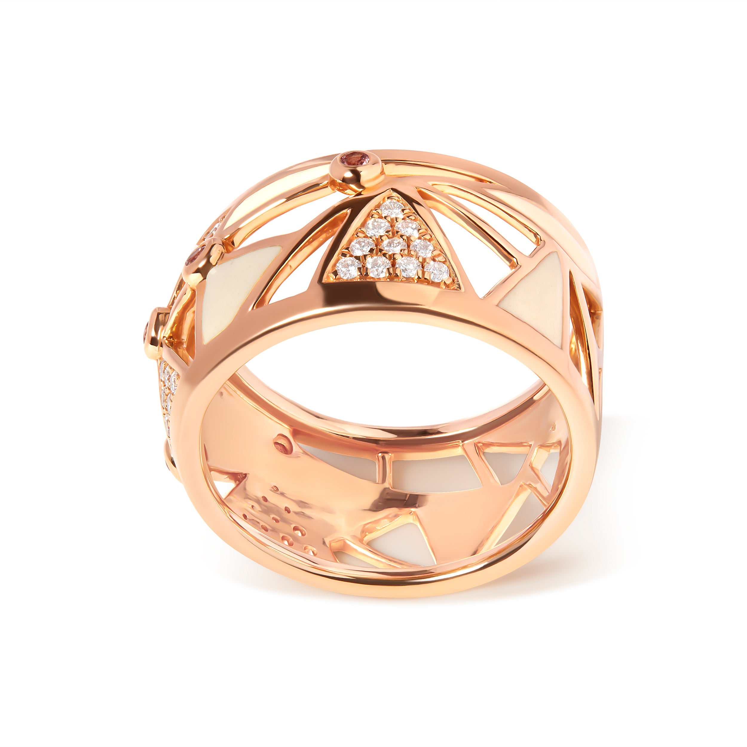 14K Rose Gold 1/3 Cttw Diamond and Pink Tourmaline Cigar Band Ring with White Enamel G-H Color, SI1-SI2 Clarity on sale at MyriadMart