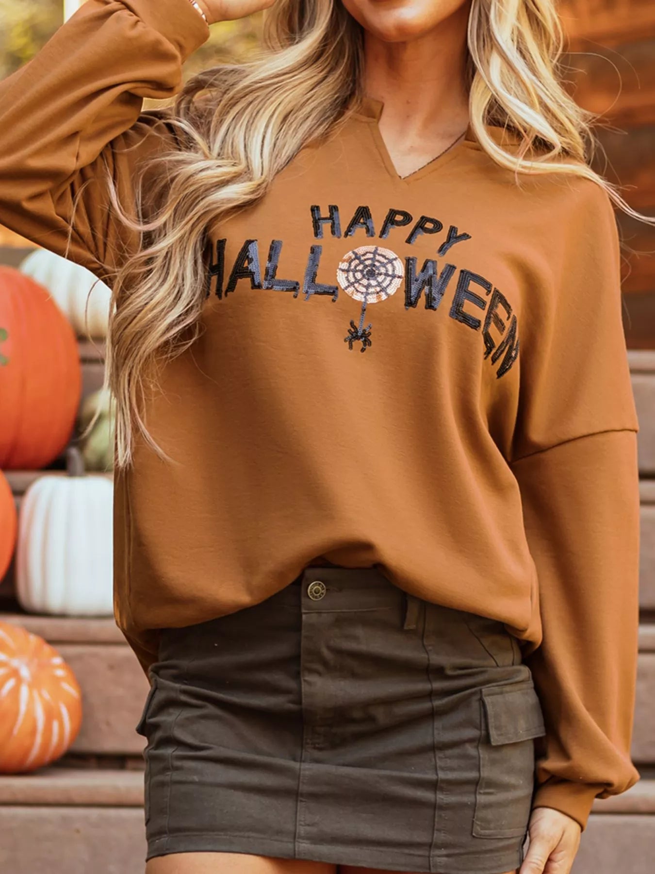 Happy Halloween Graphic Notched Long Sleeve Loose Top - MyriadMart