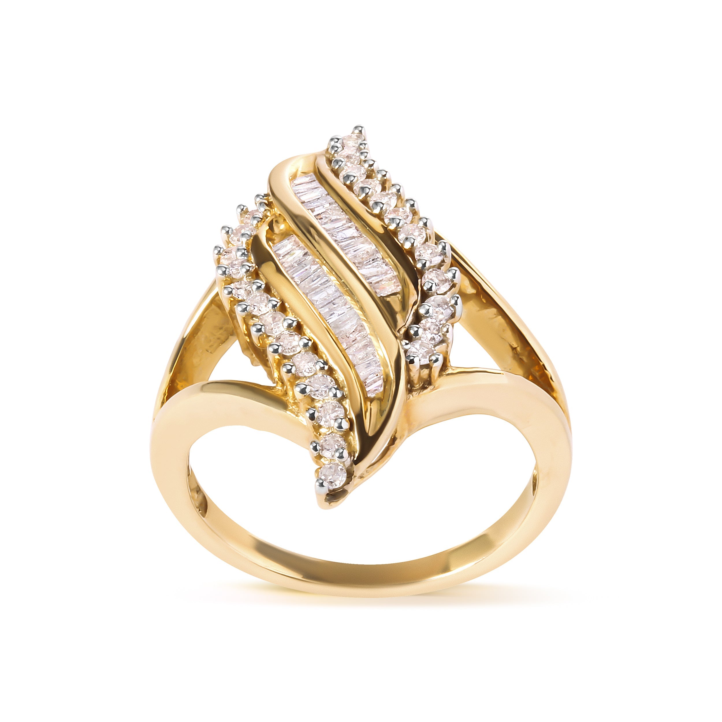 10K Yellow Gold 1/2 Cttw Round and Baguette Cut Diamond Cocktail Ring H-I Color, I1-I2 Clarity on sale at MyriadMart