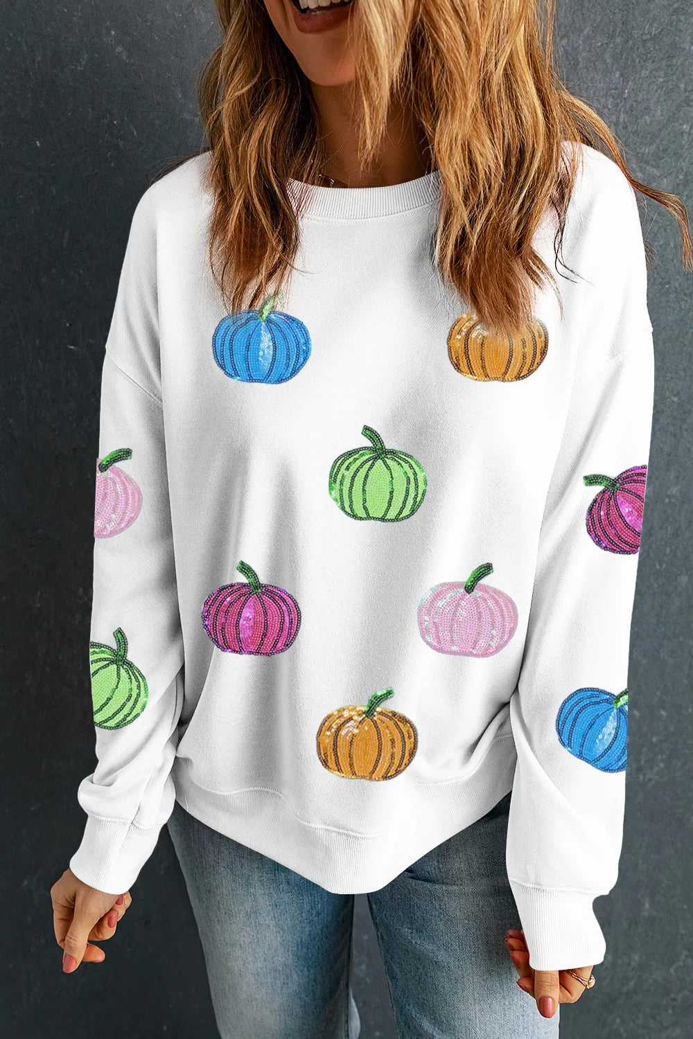 Pumpkin Round Neck Long Sleeve Sweatshirt - MyriadMart