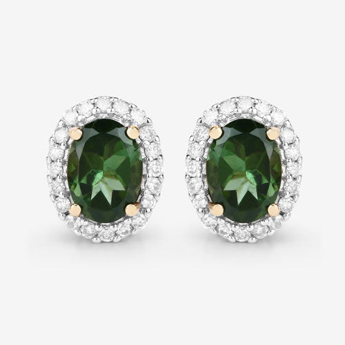 1.92 Carat Genuine Green Tourmaline and White Diamond 14K Yellow Gold Earrings on sale at MyriadMart