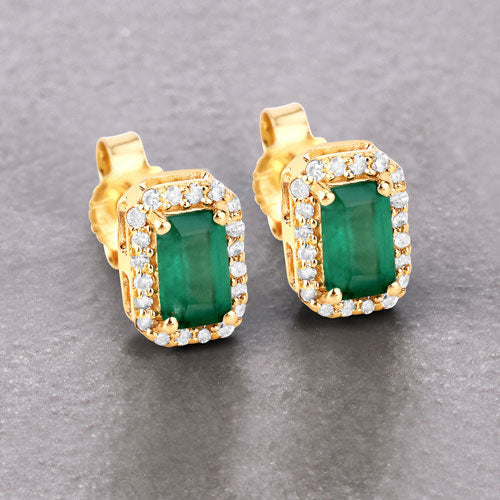 0.91 Carat Genuine Zambian Emerald and White Diamond 14K Yellow Gold Earrings on sale at MyriadMart