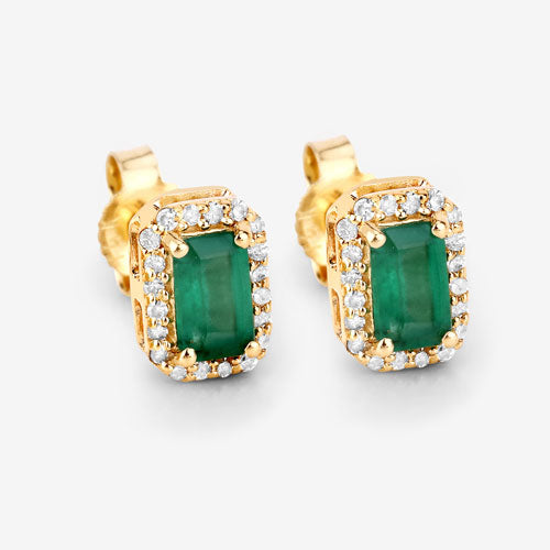 0.91 Carat Genuine Zambian Emerald and White Diamond 14K Yellow Gold Earrings on sale at MyriadMart