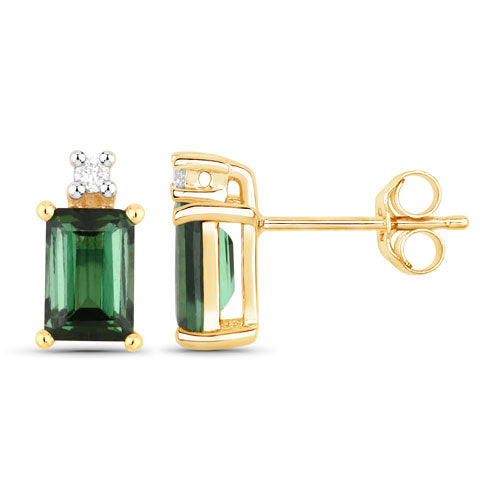 1.24 Carat Genuine Green Tourmaline and White Diamond 14K Yellow Gold Earrings on sale at MyriadMart