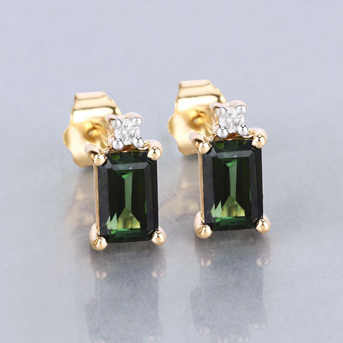 1.24 Carat Genuine Green Tourmaline and White Diamond 14K Yellow Gold Earrings on sale at MyriadMart