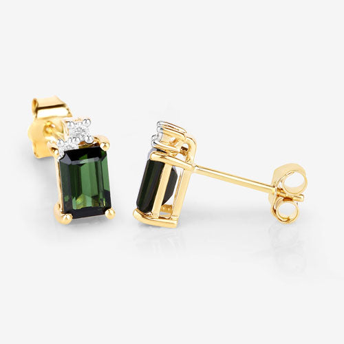 1.24 Carat Genuine Green Tourmaline and White Diamond 14K Yellow Gold Earrings on sale at MyriadMart