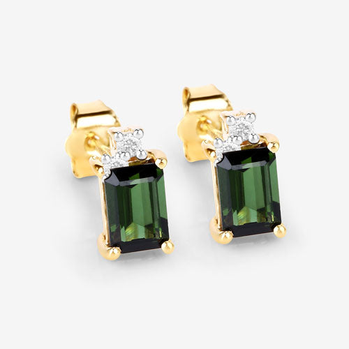 1.24 Carat Genuine Green Tourmaline and White Diamond 14K Yellow Gold Earrings on sale at MyriadMart