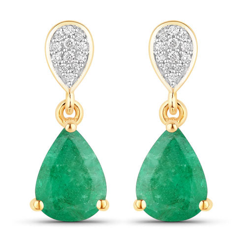 2.28 Carat Genuine Zambian Emerald and White Diamond 10K Yellow Gold Earrings on sale at MyriadMart