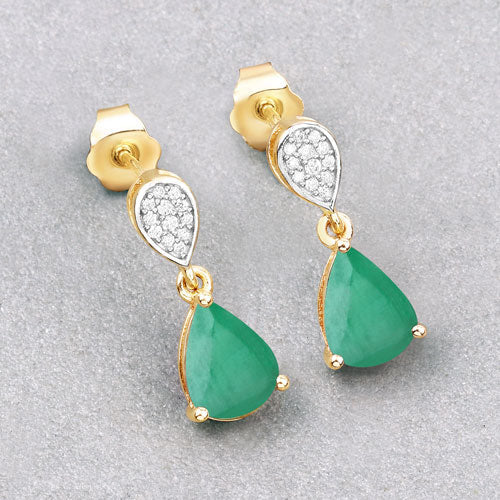 2.28 Carat Genuine Zambian Emerald and White Diamond 10K Yellow Gold Earrings on sale at MyriadMart