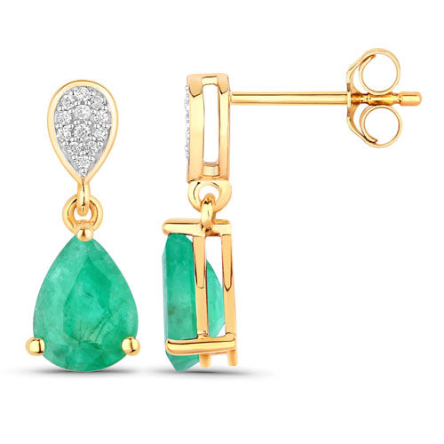 2.28 Carat Genuine Zambian Emerald and White Diamond 14K Yellow Gold Earrings on sale at MyriadMart