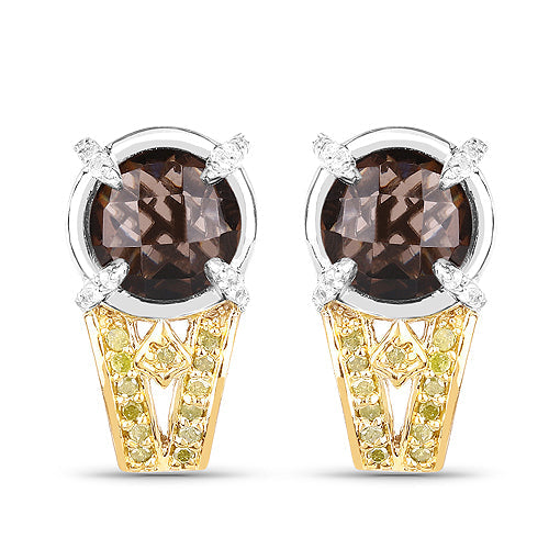 3.75 Carat Genuine Smoky Quartz, Yellow Diamond and White Diamond .925 Sterling Silver Earrings on sale at MyriadMart