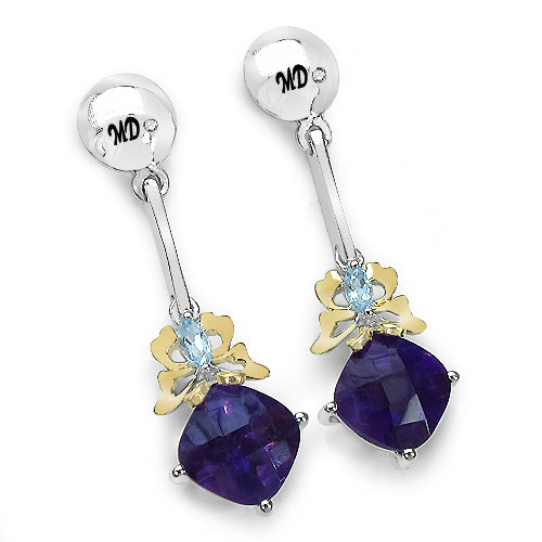 3.79 Carat Genuine Amethyst, Blue Topaz & White Diamond .925 Sterling Silver Earrings on sale at MyriadMart
