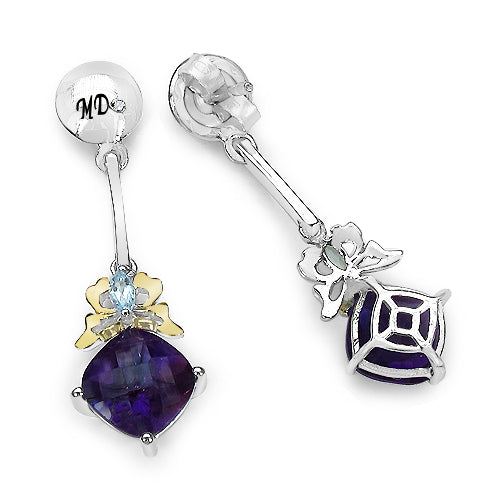 3.79 Carat Genuine Amethyst, Blue Topaz & White Diamond .925 Sterling Silver Earrings on sale at MyriadMart