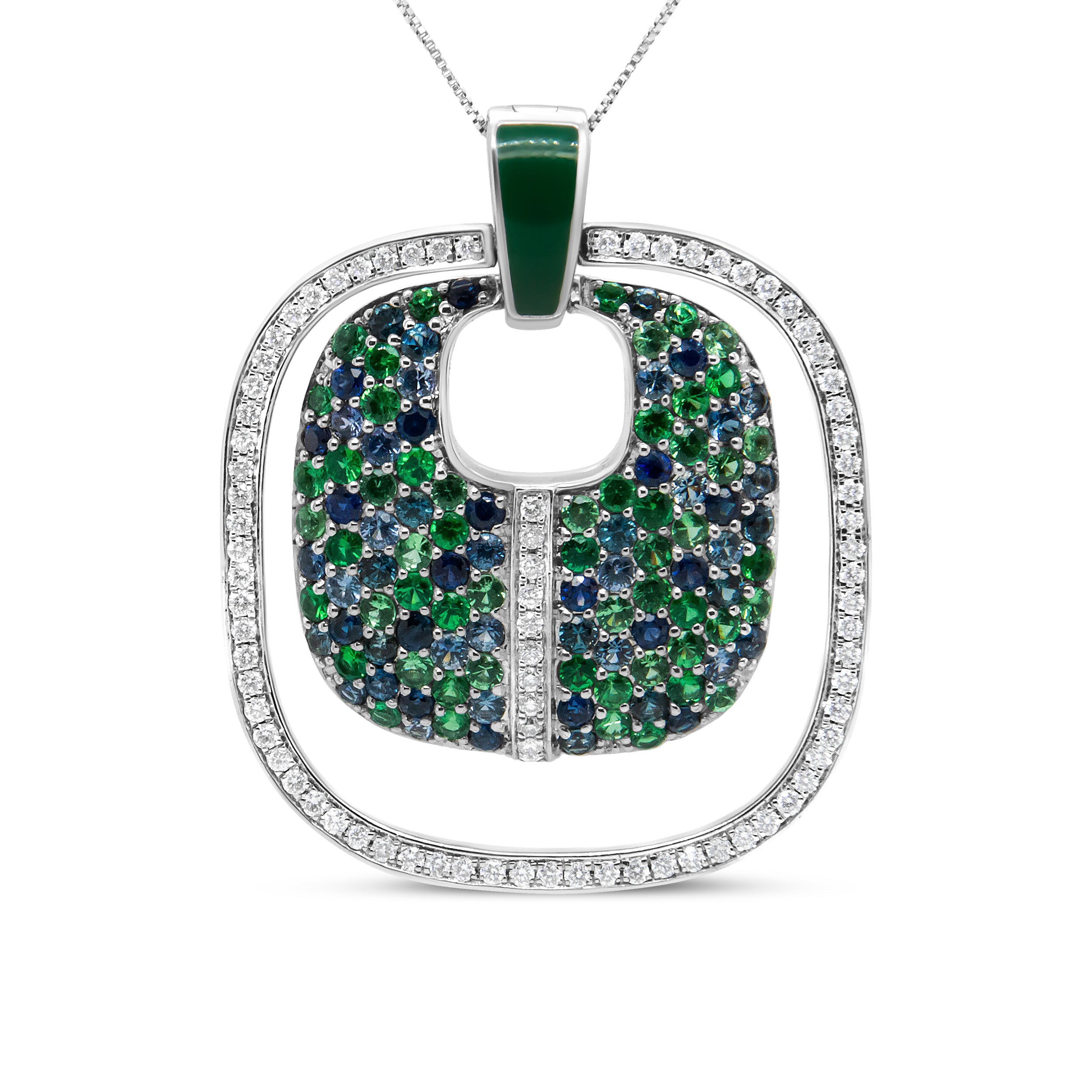 .925 Sterling Silver Green Enamel Pendant with 1/2 Cttw Diamond, Sapphire, and Tsavorite Openwork Statement 18" Pendant Necklace F-G Color, VS1-VS2 Clarity on sale at MyriadMart