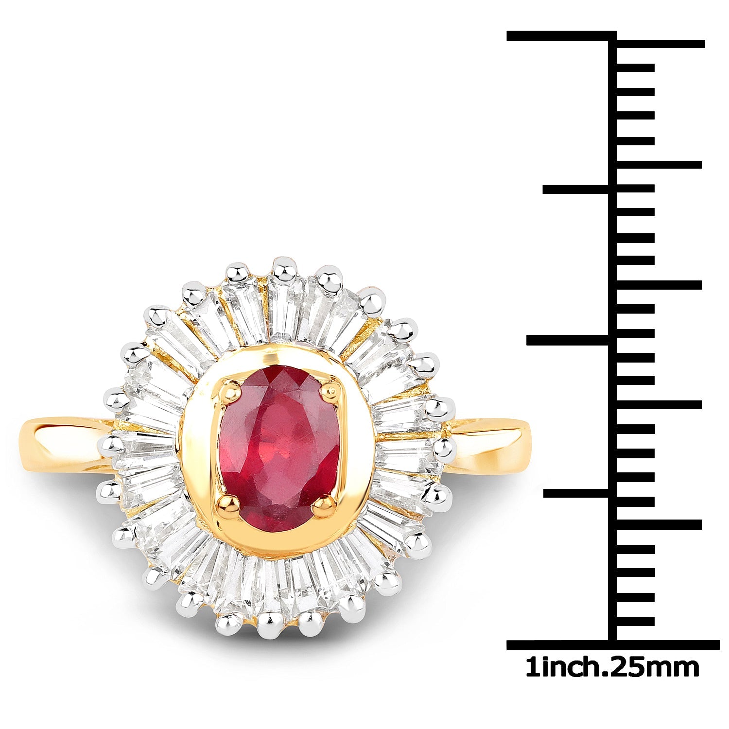 14K Yellow Gold Plated 2.44 Carat Glass Filled Ruby and White Topaz .925 Sterling Silver Ring on sale at MyriadMart