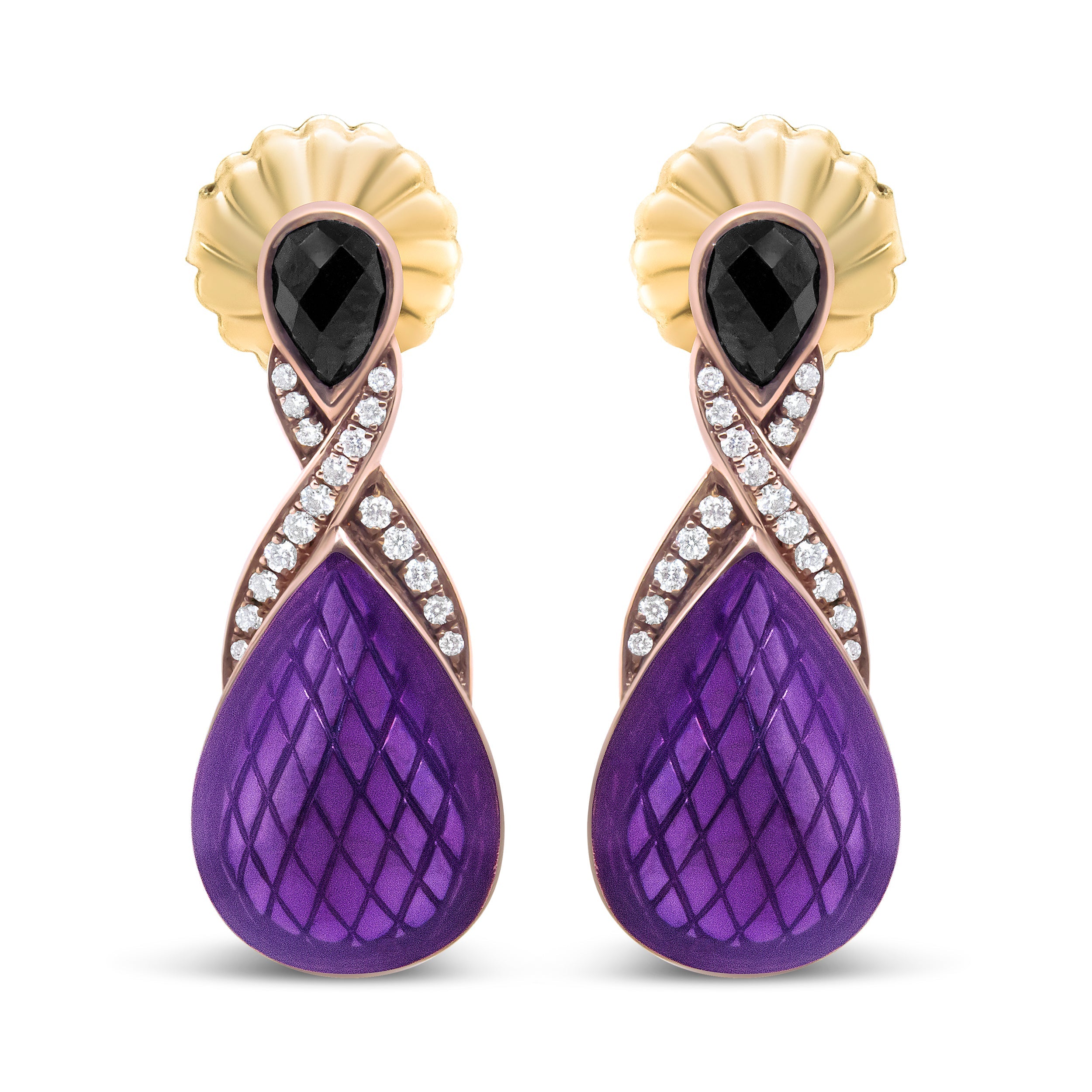 18K Rose Gold Flash Plated .925 Sterling Silver Purple Enamel 1/5 Cttw Round Pave-Set Diamond and 5.5 x 4mm Pear-Shaped Black Onyx Drop Earrings F-G Color, VS1-VS2 Clarity on sale at MyriadMart