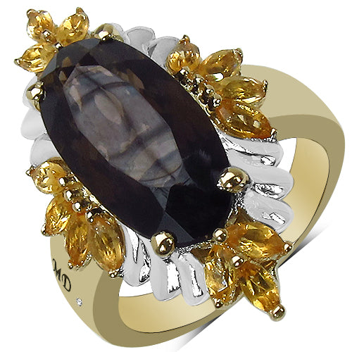 14K Yellow Gold Plated 7.07 Carat Genuine Smoky Quartz, Citrine & White Diamond .925 Sterling Silver Ring