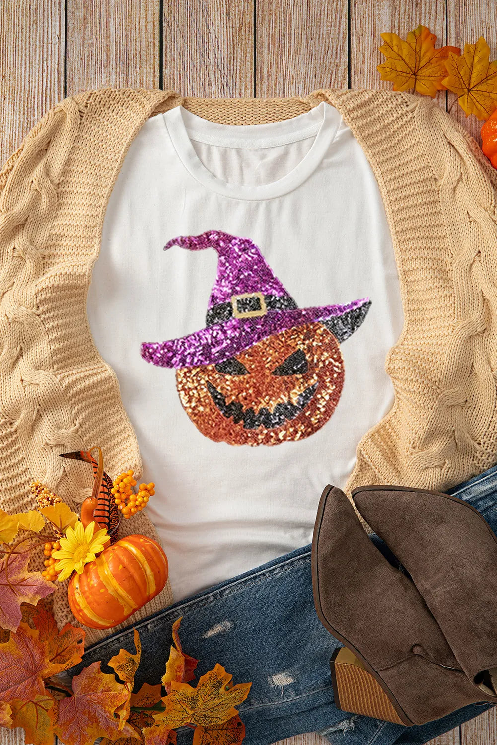 Sequin Pumpkin Round Neck Short Sleeve T-Shirt - MyriadMart