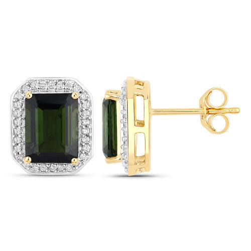3.57 Carat Genuine Green Tourmaline and White Diamond 14K Yellow Gold Earrings on sale at MyriadMart