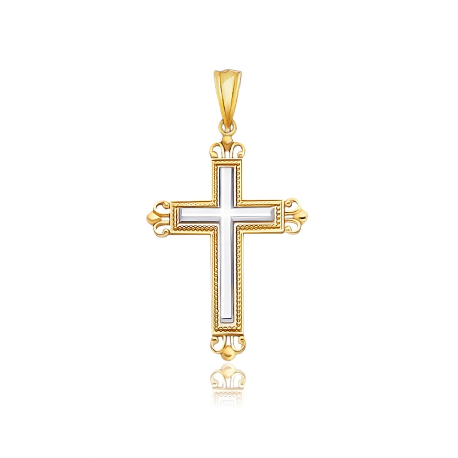 14k Two-Tone Gold Cross Pendant with an Ornate Budded Style on sale at MyriadMart