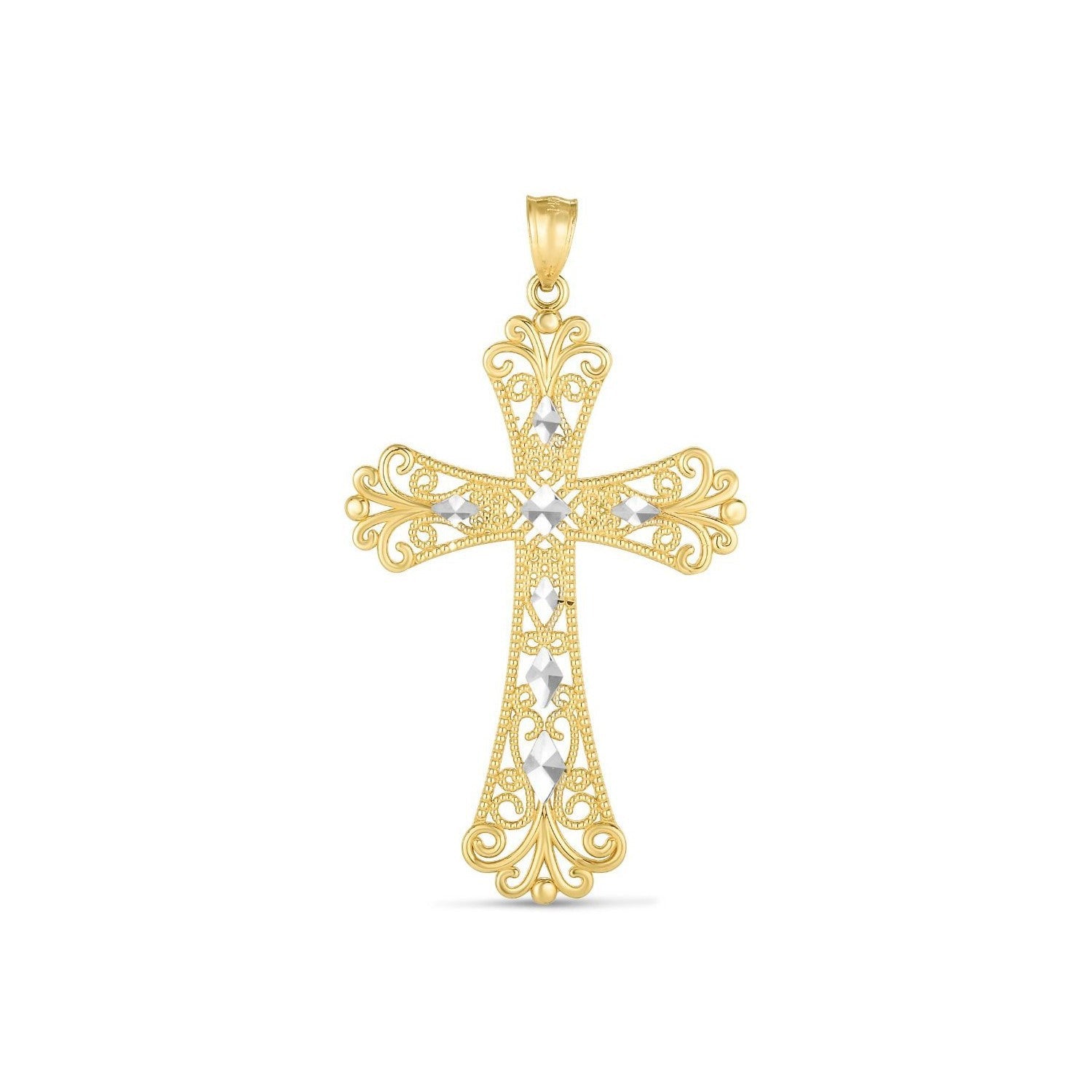 14k Two Tone Gold High Polish Diamond Cut Cross Pendant on sale at MyriadMart