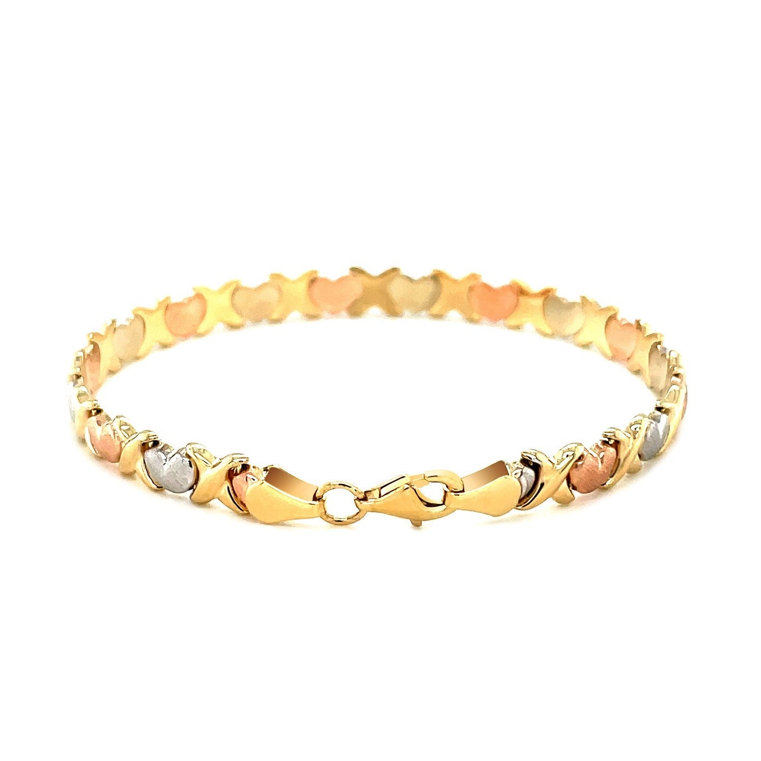 14k Tri-Color Gold Fancy Satin Heart Line Bracelet on sale at MyriadMart