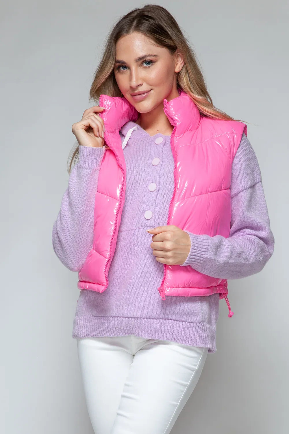 Snobbish Zip Up Turtleneck Shiny Quilted Vest - MyriadMart